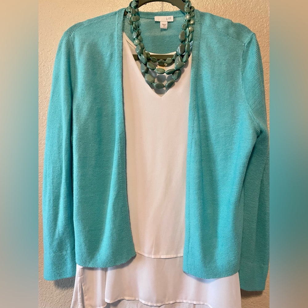 J. Jill Linen Blend Seafoam Blue open cardigan - size small